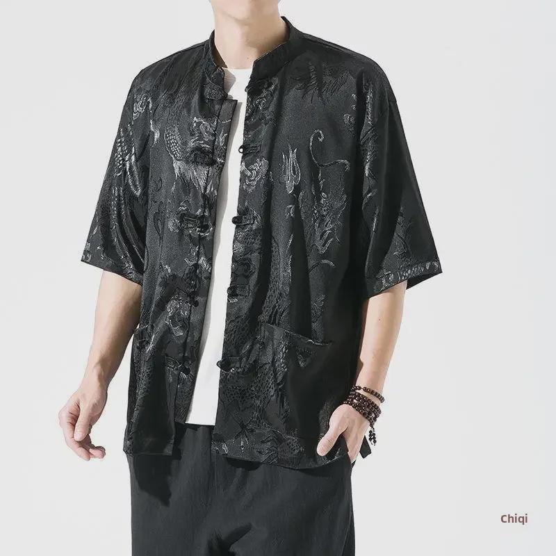 Herren-Tang-Hemd aus Eisseide mit Drachenmuster im chinesischen Stil – kurze Ärmel, lockere Passform
