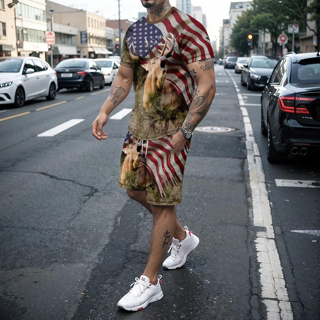 

Летняя модная новая мужская спортивная одежда из двух предметов, повседневная футболка в клетку с короткими рукавами и 3D принтом флага + шорты, комплект мужской одежды L