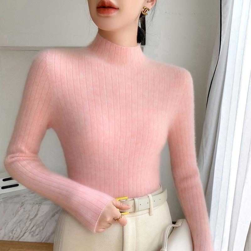 Premium Cashmere Rib-Knit Women's Slim-Fit Warm Sweater - Semi-High Neck, Thickened for Autumn & Winter.