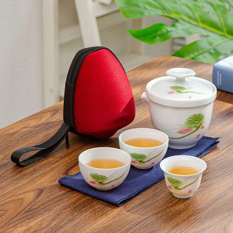 Set da Tè Kung Fu Cinese Set Teiera Portatile in Ceramica Tazze da Tè Gaiwan da Viaggio Tazza da Tè Cerimonia del Tè Tazza da Tè Bel Regalo con Borsa da Viaggio