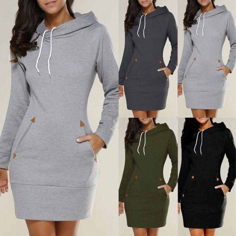 Womens Hooded Mini Dress Casual Long Sleeve Sweatshirt Jumper Slim Fit With Pockets