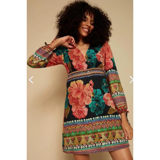 Kadın Renkli Renkli V Yaka Balon Kollu Elbise