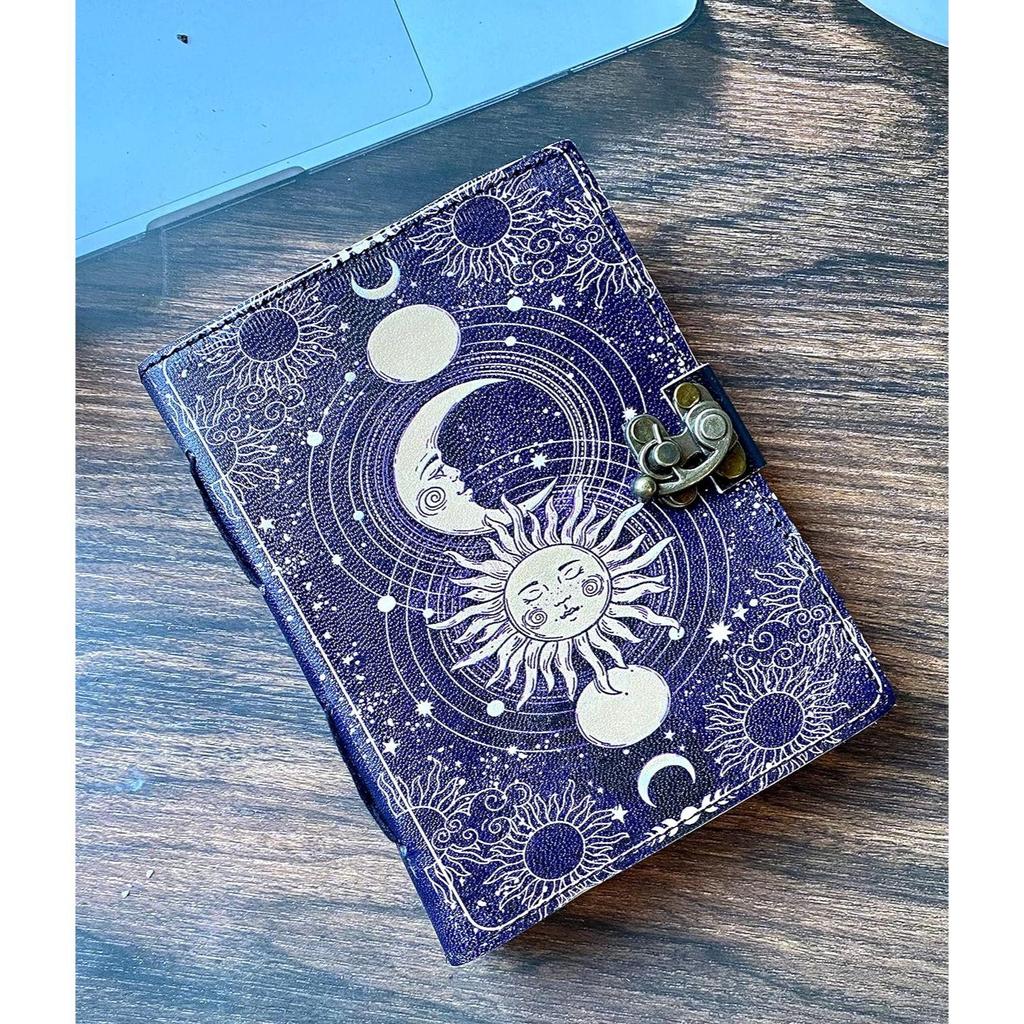 Celestial Sun & Moon Handmade Vintage Leather Journal Deckle Edge Paper, Blank Spell Book of Shadows Grimoire Journal, Gift for Him Her with 200 Pages