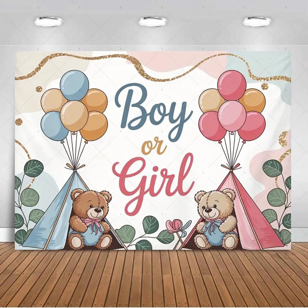 The genre Reveal theme backdrop baby party decorations supplies pink blue bear gift banner newborn shower photography4864