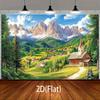 1pc 2D mountain village scenery background - pastoral scenery of temples, wooden houses, and trees, perfect for photography
