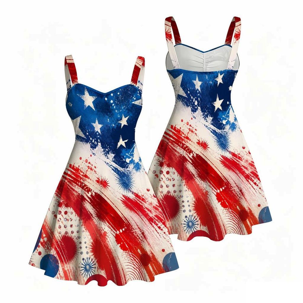 Women Plus Size Spaghetti Strap Off Shoulder Dress Tie Dye Mandala Patriotic Print Swing Dress