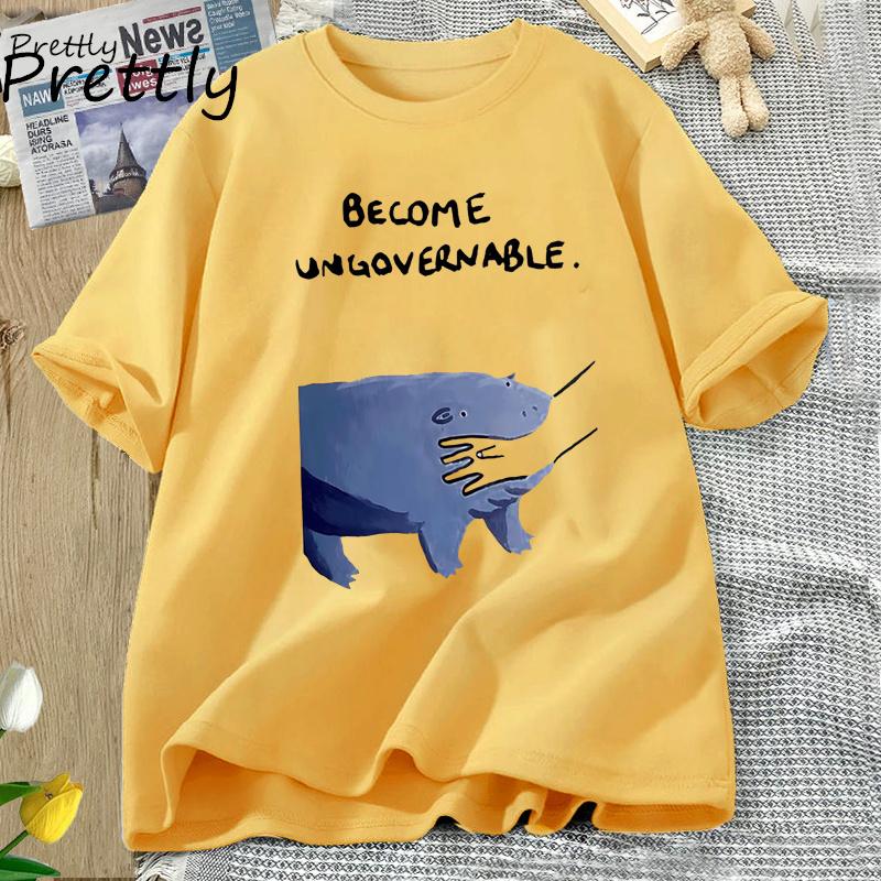 Werde Unregierbarer Nilpferd T-Shirt Moo Deng Design Lustiges Tier Grafik-T-Shirt Rebellischer Meme Humor T-Shirt Baumwolle Kurzarm Oberteil