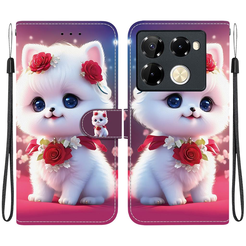 Handmade PU Leather Flip Case for Infinix Note 40 Pro 4G/5G (X6850/X6851) Anti-Slip Shockproof Cover with Wrist Strap & Heart/Rose Cat Designs