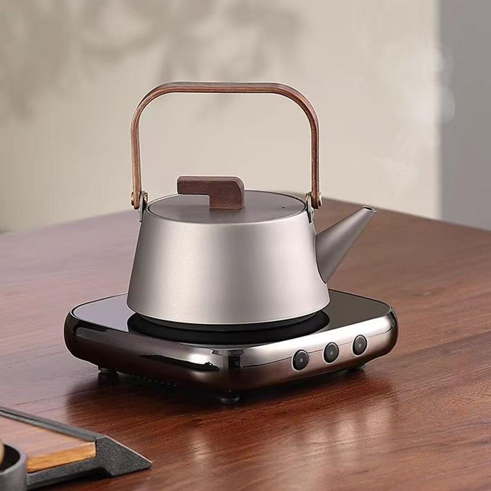 Pure Titanium Tea Kettle, 99.9% Titanium Metal Teapot with Wooden Handle, Camping Boiling Water Kettle, Healthy Tea Infuser, 1L