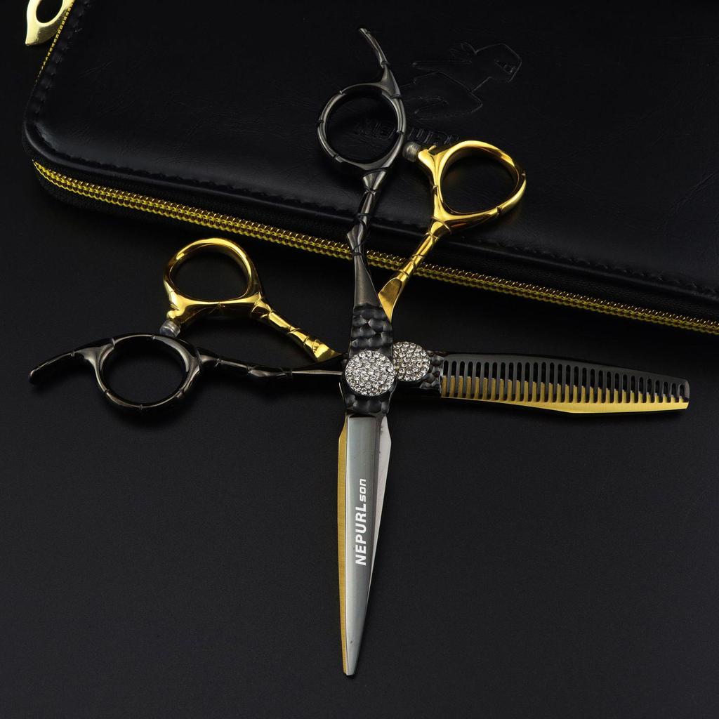 6" FWT-05 Napson Black Gold Hairdressing Scissors - Full Blade & Thinning Shears