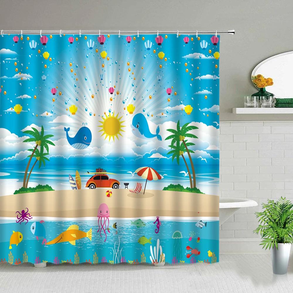 Palm Tree Ocean Scenery Shower Curtains Beach Sea Landscape Waterproof Polyester Fabric Bathroom Decor Bath Curtain with Hooks