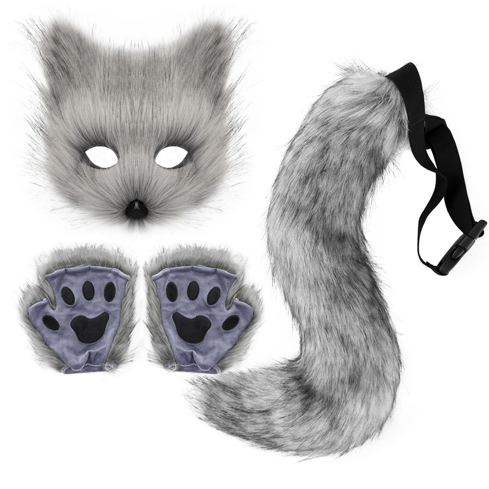 

Halloween Costume Plush Fox Tail Cat Ears Orc Mask Gloves cosplay Role-playing costume темно-серого