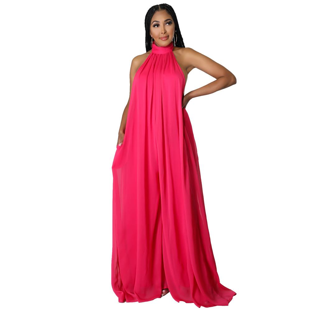 Tuta da donna con scollo all'americana, senza maniche, tinta unita, in chiffon, gamba larga, schiena scoperta, morbida, fluida, pantaloni lunghi, tutina