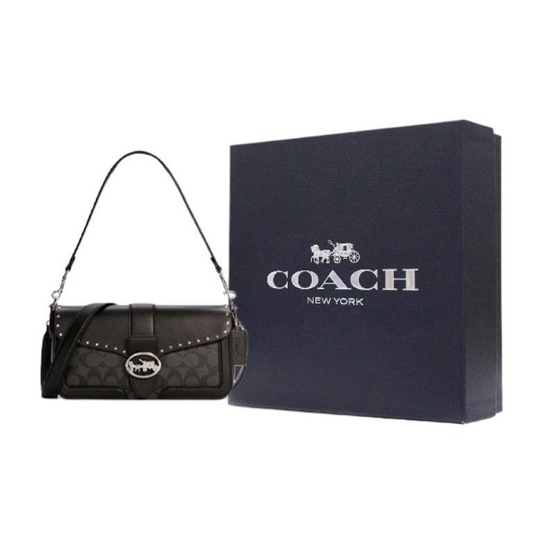 Coach Georgie 26 Classic Monogram Studded Carriage Logo Coated Canvas Underarm Bag Wine God Bag Crossbody Shoulder Bag Medium Women Bags 5605-SVS3L