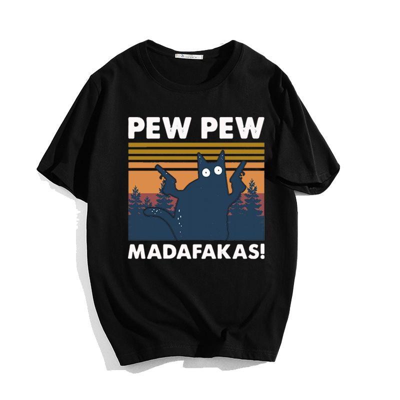 New Pew Pew Madafakas T Shirt Novelty Funny Cat Vintage Crew Neck Men'S T-Shirt Funny Shirt