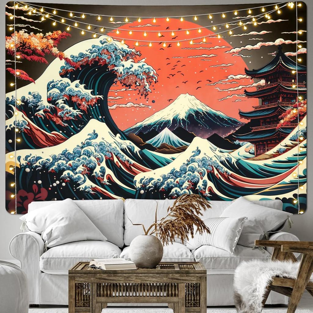 AtawLege The Great Wave Wall Art - Japanese Ocean Sea Wave Tapestry Vintage Asian Anime Aesthetic Kanagawa Sunset Wall Hanging for Room (59.1 x 59.1