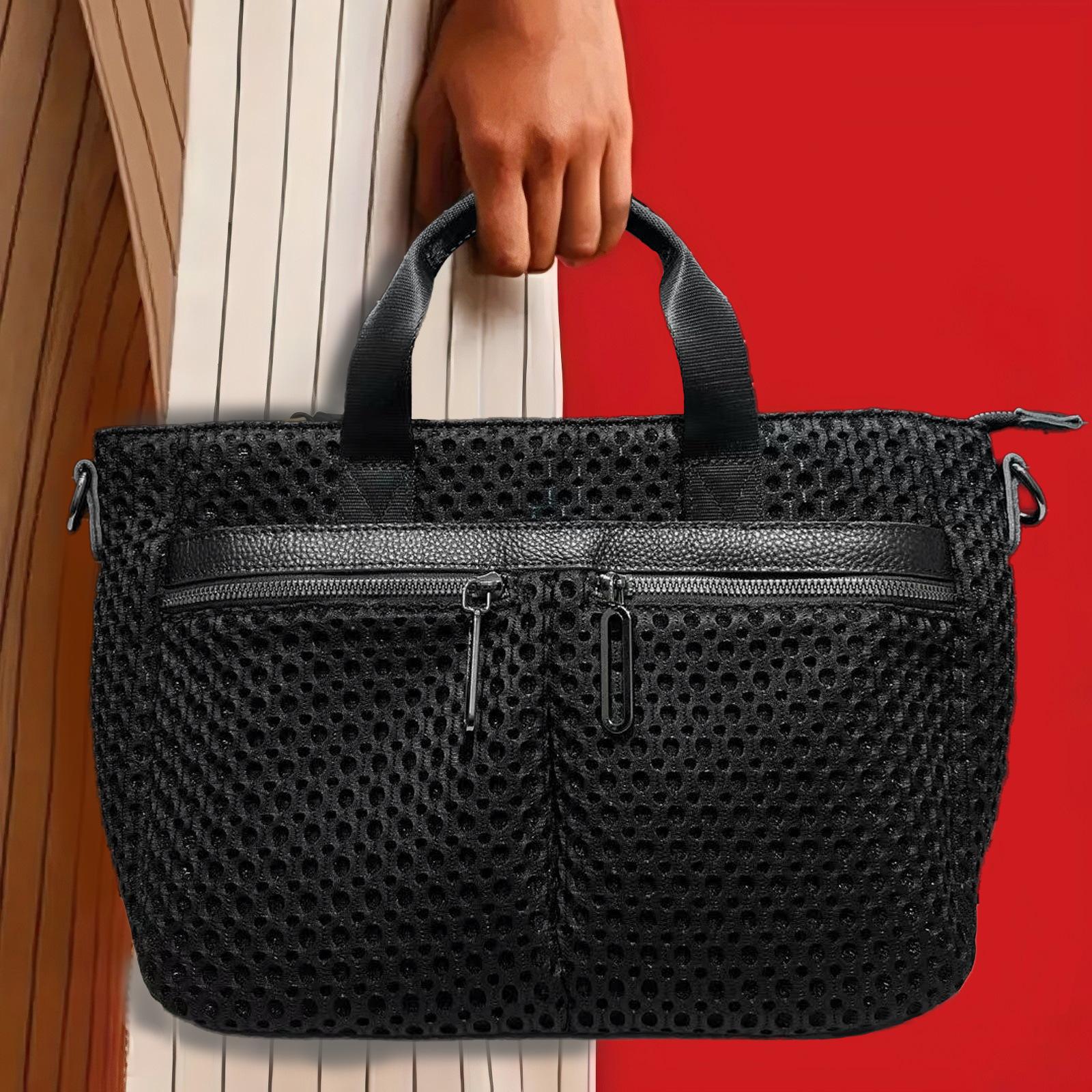 

Сетчатая сумка-тоут нейтрального цвета с множеством карманов, вместительная, с вставками, простая, на плечо, через плечо чёрный