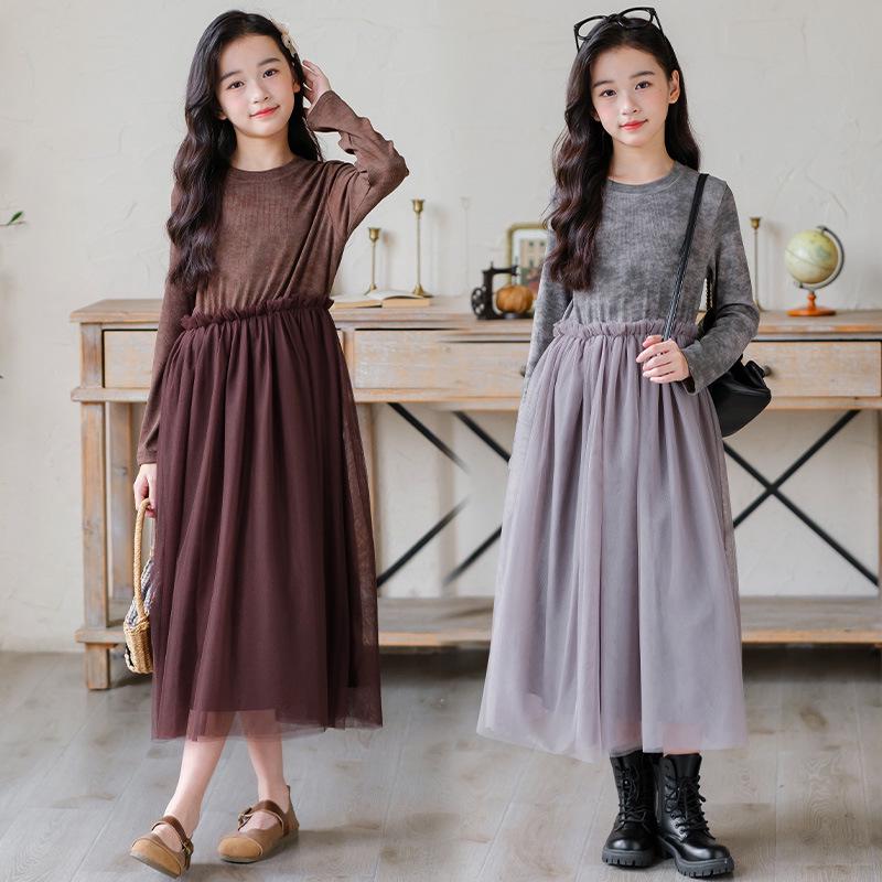 

2025 Spring Girls Mesh Spliced Slimming Mid-Length Dress 150cm серый