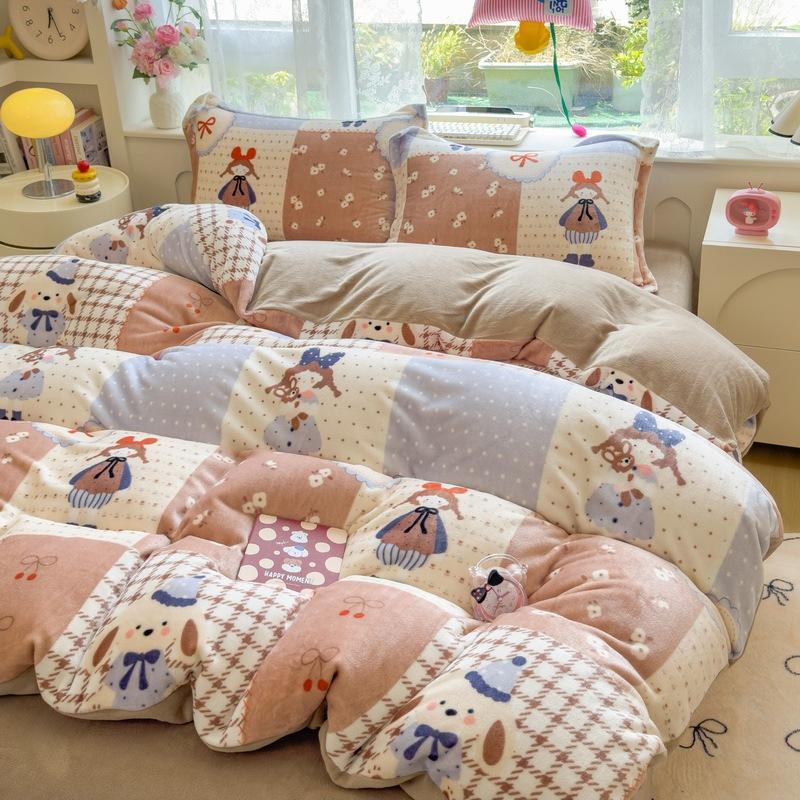 Thickened Milk Fleece Four-Piece Set, Coral Flange Double-Sided Fleece Quilt Cover, Bed Sheet, Bed Hat Three-Piece Set