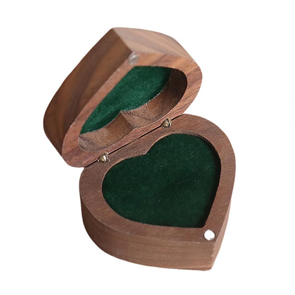 Ring Storage Box Heart-shaped Walnut Wood Jewelry Box Velvet-padded Ring Storage Case Smooth Polished Surface Wedding Proposal