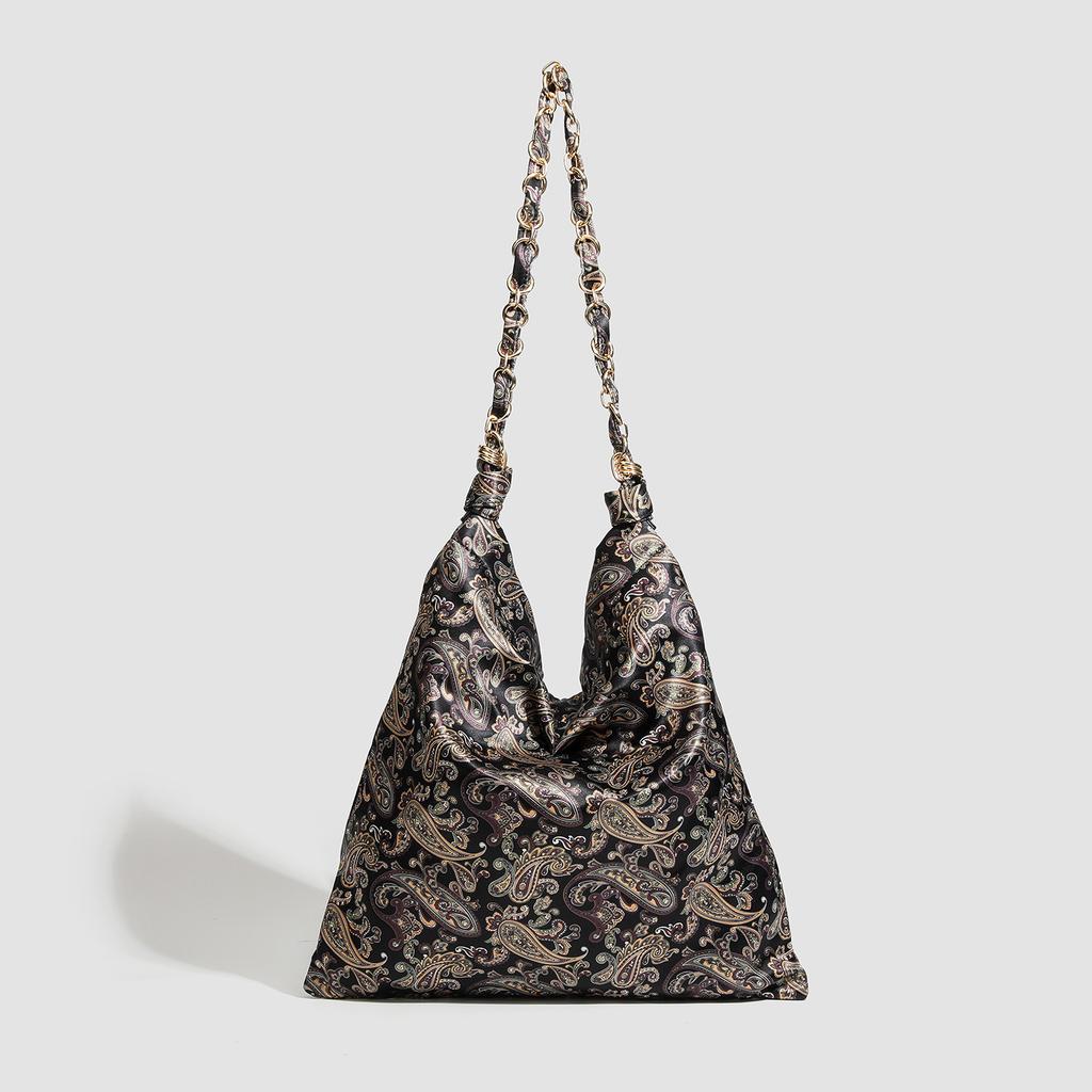 Vintage Silk Scarf Tote Bag Cashew Pattern Shoulder Armpit Bag Women's Chain Splicing Silk Satin Bag Large-capacity Shopping Bag