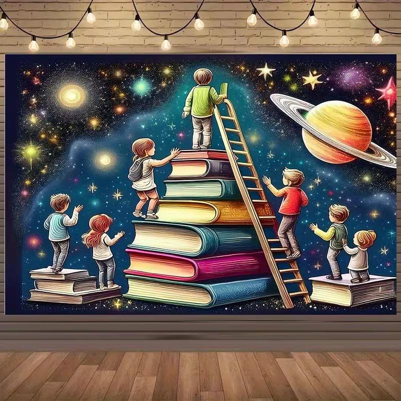 2D Stars and Books Kids Backdrop, 2D Reading To Space Decor