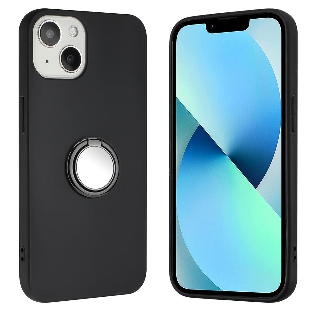

For iPhone 15 Smartphone Protection Cover Mirror-like Ring Kickstand Phone Shell Matte TPU Case Black