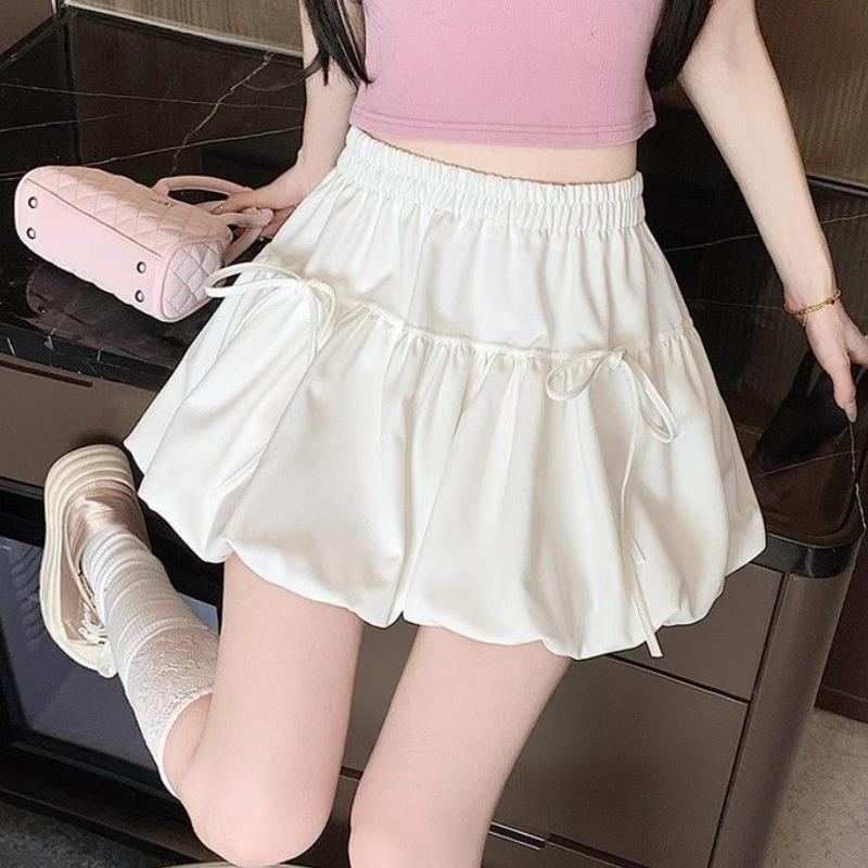 Bowknot Bubble Hem Midi Skirt Women's Summer High Waist Slimming A-Line Puff Short Skirt