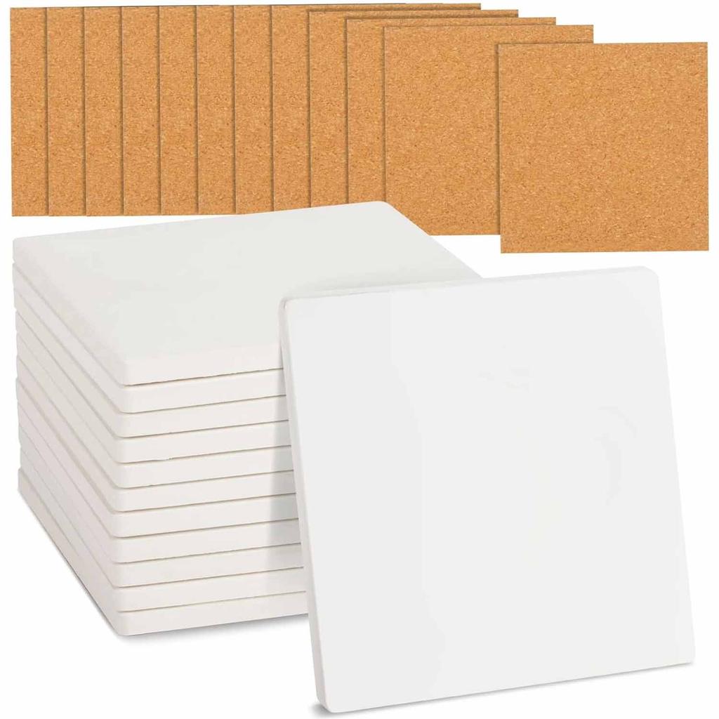 12pcs 4 Inch Square Ceramic Tiles for Crafts with Cork Backing Pads, Unglazed White DIY Coasters for Painting