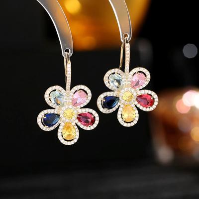 Kübik Zirkonya Renkli Çiçek Kanca Küpe Kadınlar için Marka Tasarım Moda Bildirimi Takı Altın Kaplama Lüks Küpe