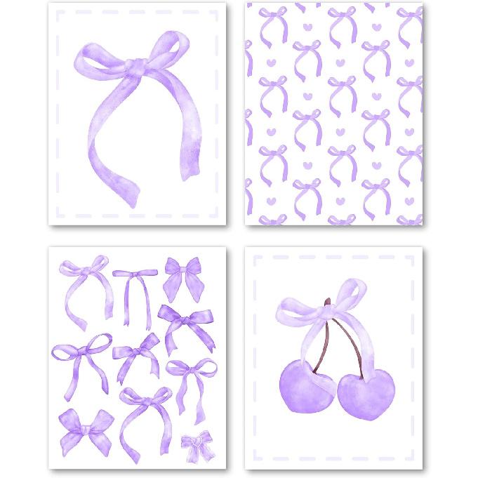 Hxlac Pink Bow Coquette Wall Art Prints Set of 4 Unframed - Pink Preppy Wall Decor, Coquette Preppy Aesthetic Bow Cherry Teen Girl Dorm Room Decor, 8x10inch фиолетовый