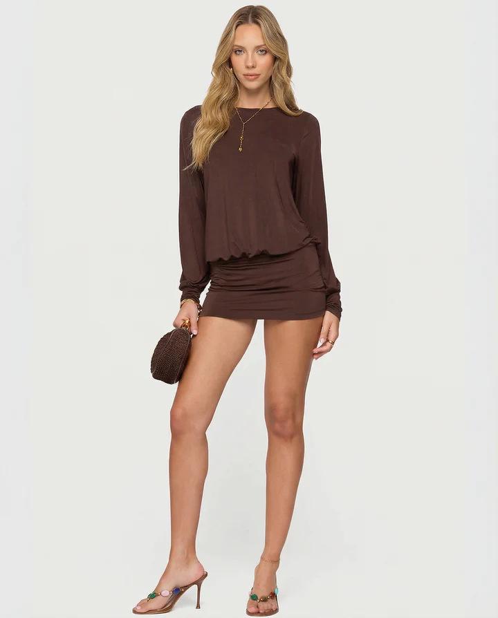 2026 Summer Women s Off-the-Shoulder Solid Color Dress with Long Sleeves L бордовый