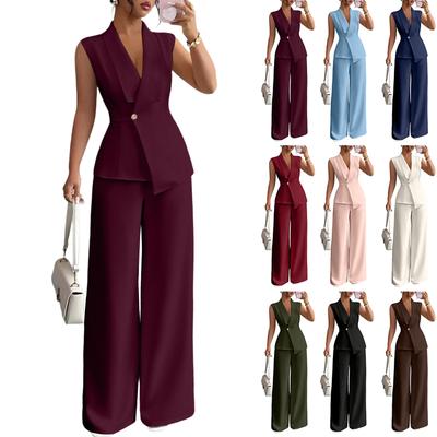 Sleeveless Wide Leg Two Piece Set for Women Business V Neck Blazer Top and High Waist Trousers Elegant Office Outfit Suit