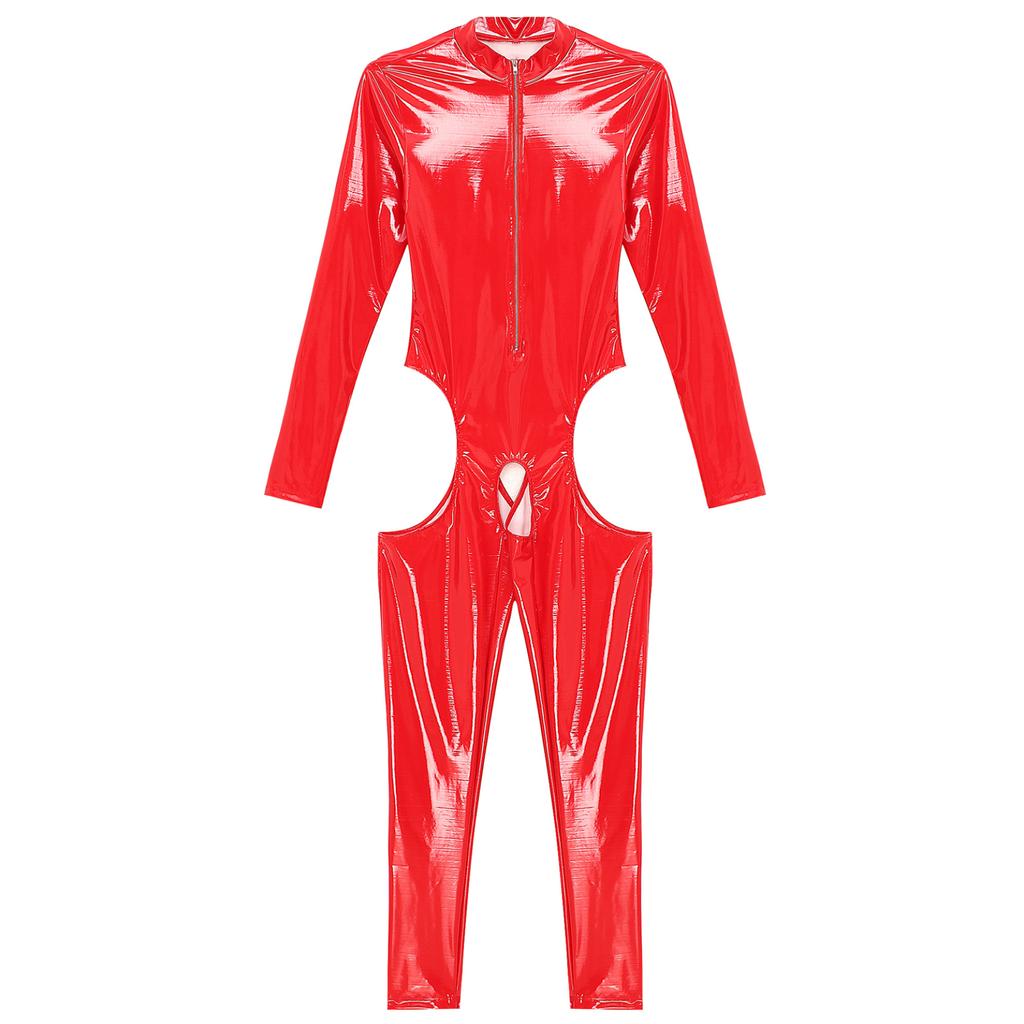 Womens One Piece Long Sleeve Full Body Jumpsuit Wet Look Leather Zipper Bodysuit Catsuit