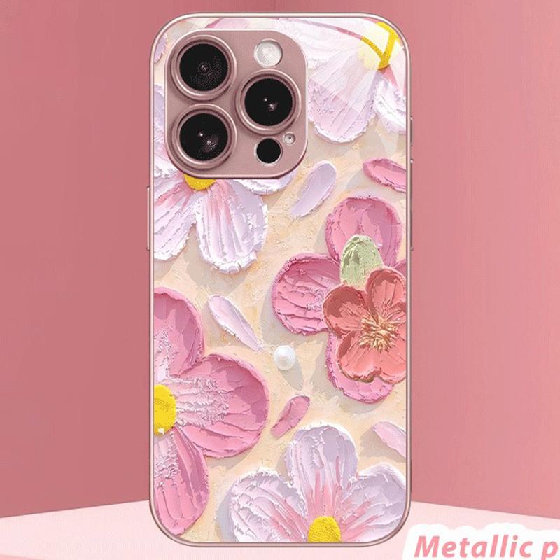 Artistic Pink Floral Pattern Metallic Paint Glass Hard Phone Case For iPhone 17 16 15 14 13 12 11 Pro Max Plus 17 Air 16E Cover