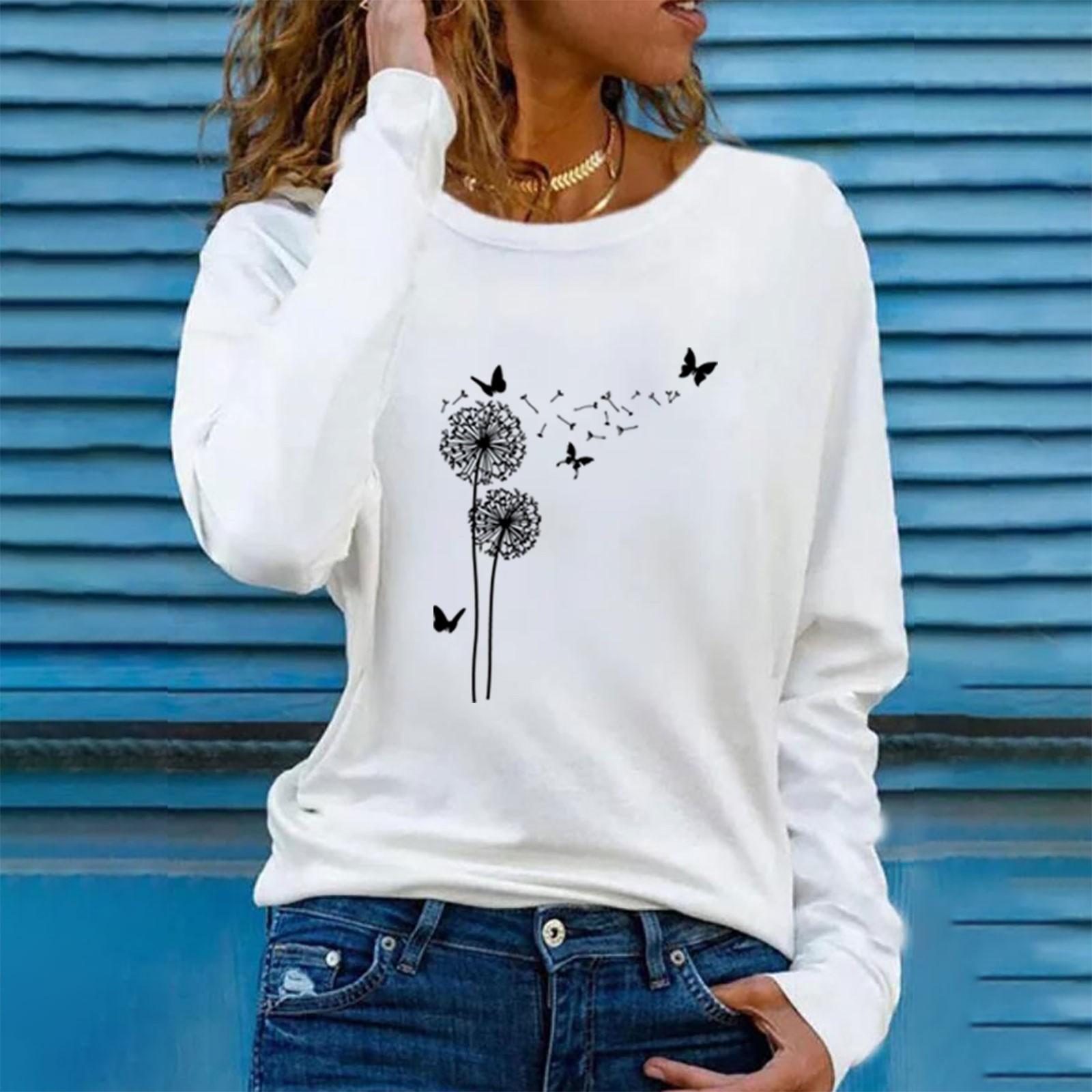 Women s Long Sleeve Printed Shirts Lightweight Round Neck Button Down Tops Bottoming Shirts XXL