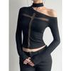 H Family European and American Women's Clothing Abstinence Dark Asymmetrical off-Shoulder Cross Tops Sexy Patchwork Black Primer T-shirt