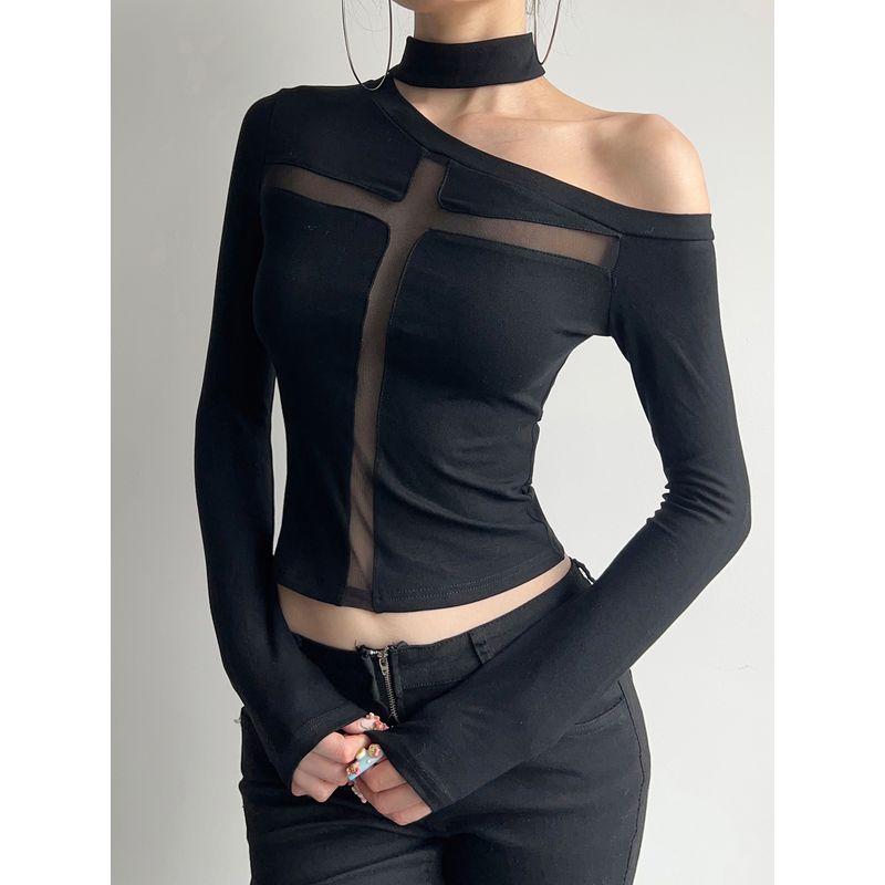 H Family European and American Women's Clothing Abstinence Dark Asymmetrical off-Shoulder Cross Tops Sexy Patchwork Black Primer T-shirt