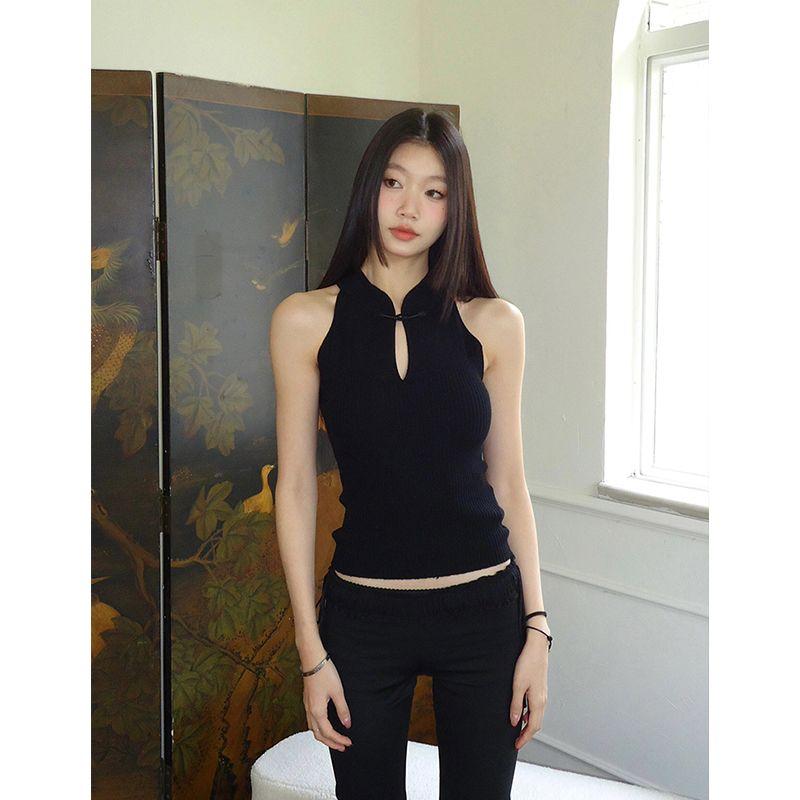

Spicy Lady New Chinese Style Stand Collar Buckle Half-Open Collar Sleeveless Vest Silm Retro Elegant Tops Ins Black XS