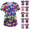Ladies' Valentine's Day Printed Fashionable V-neck Pocket Short Sleeved  Uniform And Caregiver Top