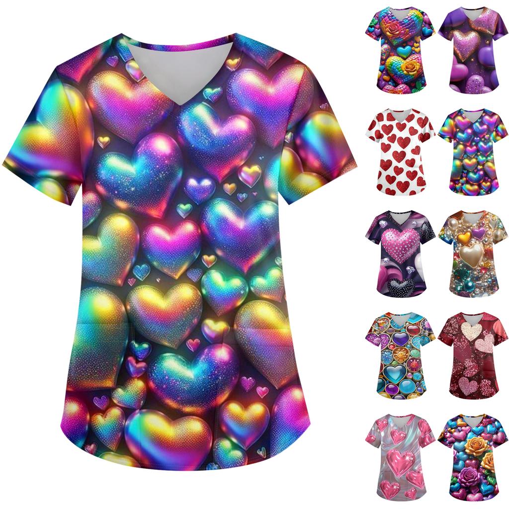 Damen Valentinstag Bedruckt Modisch V-Ausschnitt Tasche Kurzärmelig Uniform Und Pflegeroberteil