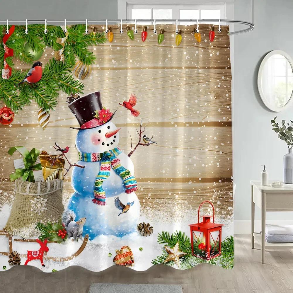 

Christmas Shower Curtain Funny Cartoon Santa Claus Silver Fir Branches Snowflakes Grey New Year Home Decor Bathroom Curtains Set 90x180cm-35x70in