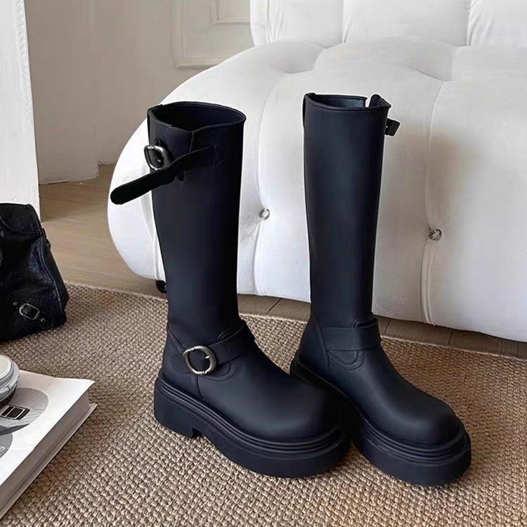 Vielseitige mittelhohe Stiefel mit dickem Absatz für Damen, Herbst und Winter, neu, mit Gürtelschnalle, braun, kleine Stiefel mit dicker Sohle, Ritterstiefel für Damen