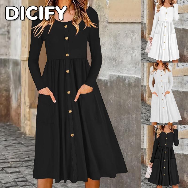 DICFY Women's Fashion Autumn Winter Solid Color Print Long Sleeve O-Neck Casual Dresses