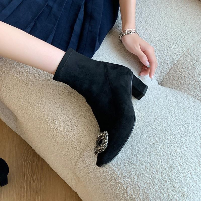 Fashion French Rhinestone Square Buckle Ankle Boots for Women's  Autumn and Winter New Square-toed Suede Medium Thick Heel Ankle Boots