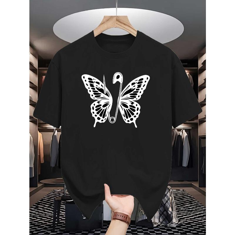 European Sizes Butterfly Safety Pin Black White Men's Summer Short-sleeved T-shirt Fashion Trend Printed Men's Base Shirt Men's