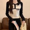 Green Stitching Contrasting Color Polo Lapel Long-sleeved T-shirt Women's Autumn and Winter New Slim Fit and Age-reducing Bottoming Top