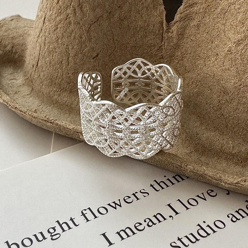 

925 Sterling Silver Rings For Women Geometric Fine Jewelry Finger Adjustable Wide Hollow Lace Ring For Party Birthday Gift resizable