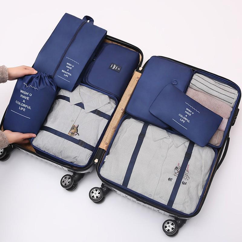 Eight-Piece Travel Organizer Set: Storage Bags & Makeup Bag for Clothes and Accessories.