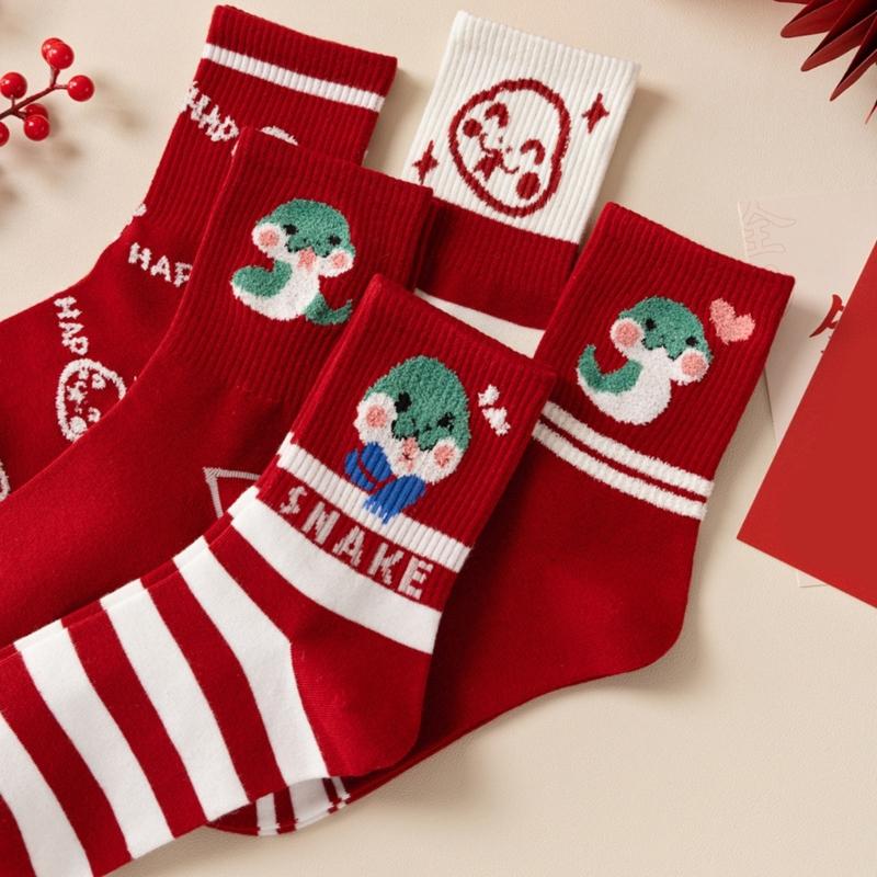 1 Pair Cartoon Snake Year New Year Striped Crew Socks Soft Cotton Chinese Zodiacs Ankle Socks for Festives Celebrations